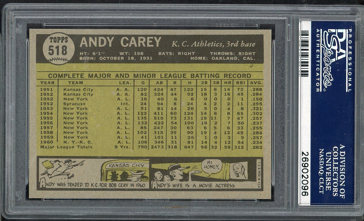1961 Topps Baseball #518 Andy Carey A's PSA 9 MINT 565279