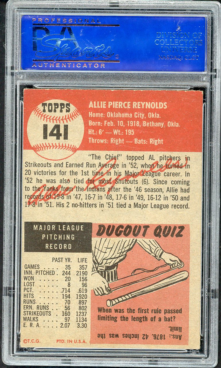 1953 Topps Baseball #141 Allie Reynolds Yankees PSA 5 EX 565289