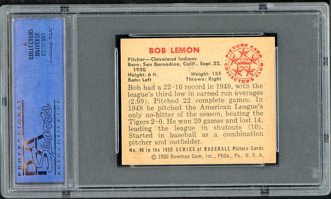 1950 Bowman Baseball # 40 Bob Lemon Indians PSA 7 NM 565318