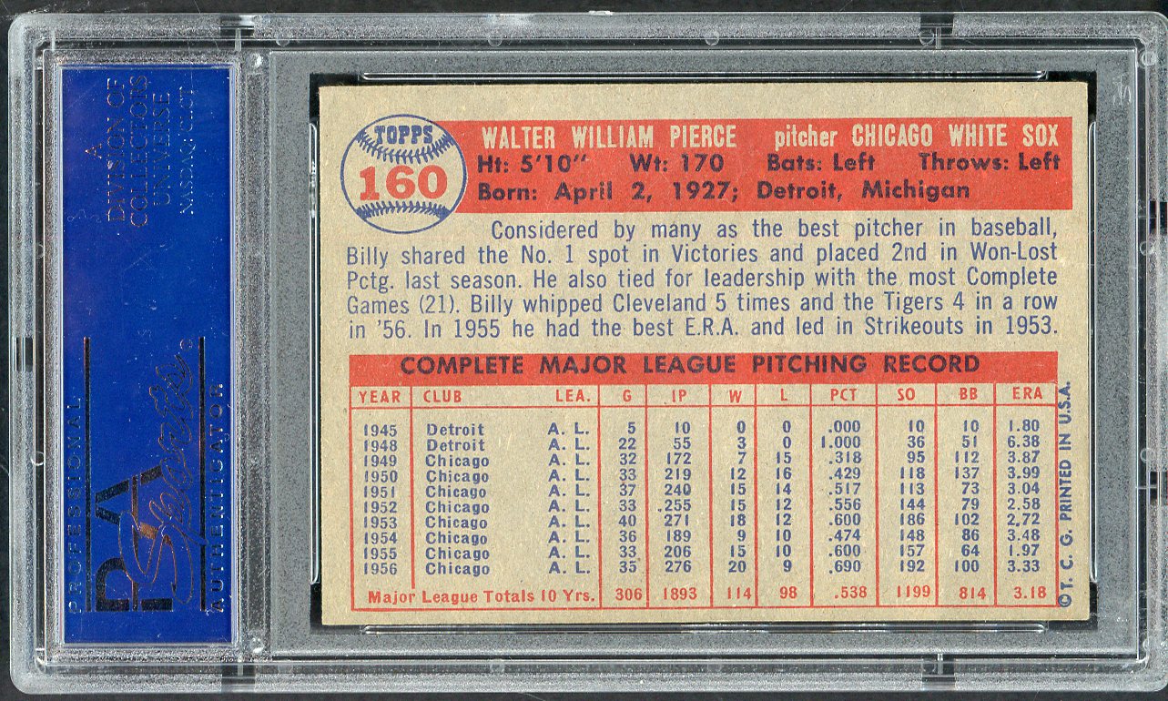 1957 Topps Baseball #160 Billy Pierce White Sox PSA 6 EX-MT 565322