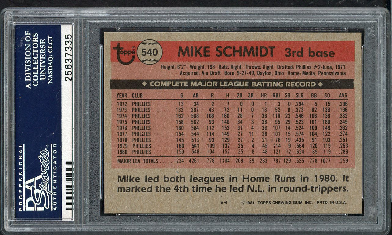1981 Topps #540 Mike Schmidt Phillies PSA 9 MINT 565337