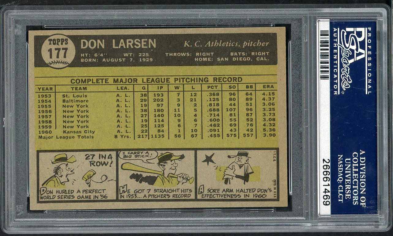 1961 Topps Baseball #177 Don Larsen A's PSA 7 NM 565346