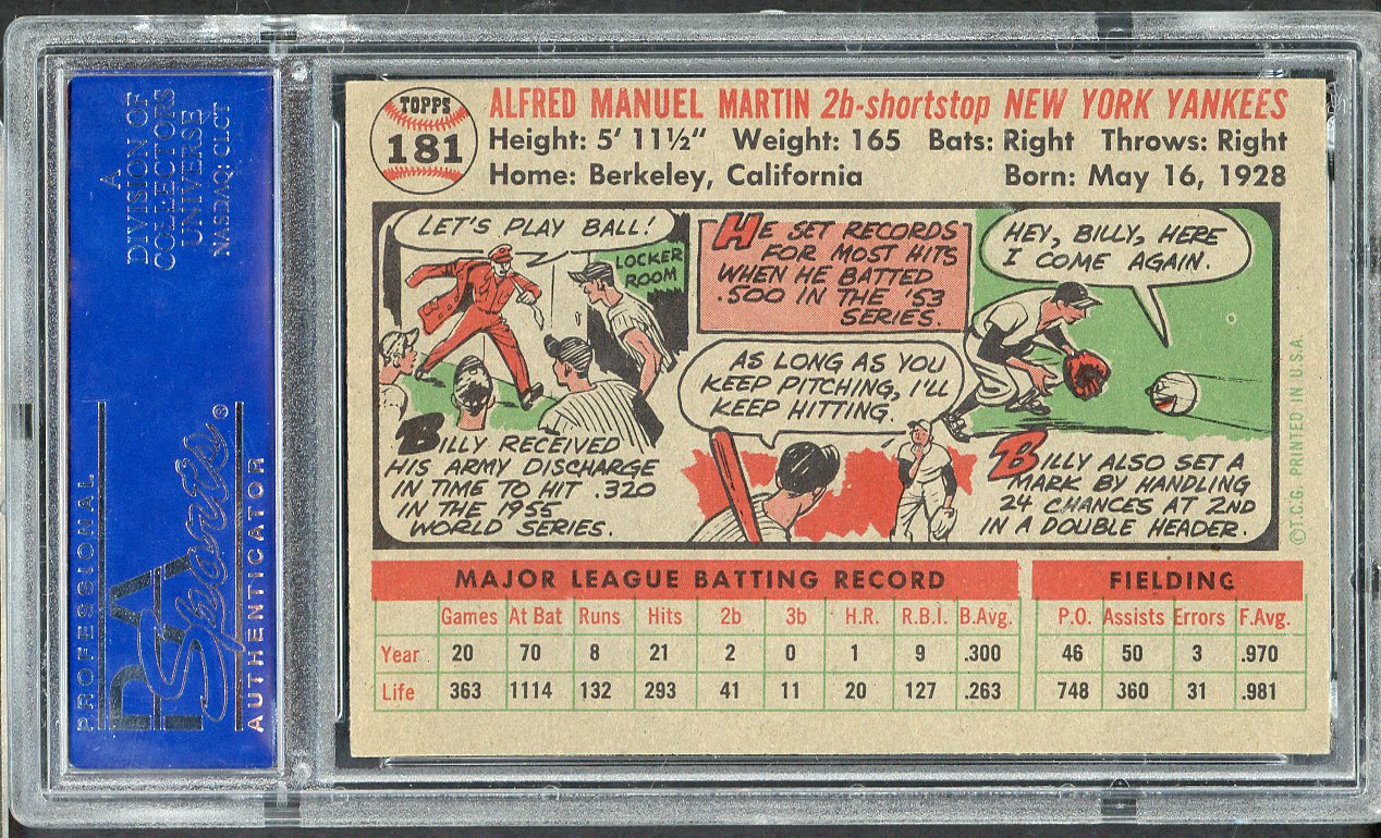 1956 Topps Baseball #181 Billy Martin Yankees PSA 8 NM/MT oc 565352
