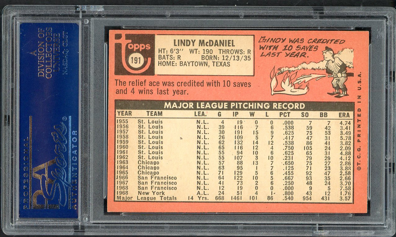 1969 Topps Baseball #191 Lindy McDaniel Yankees PSA 7 NM 565362