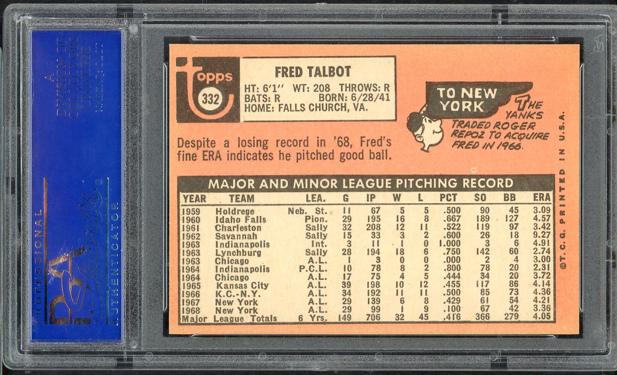 1969 Topps Baseball #332 Fred Talbot Yankees PSA 8 NM/MT 565371