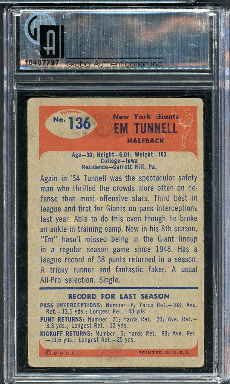 1955 Bowman Football #136 Emlen Tunnell Giants GAI 2 GD 565410