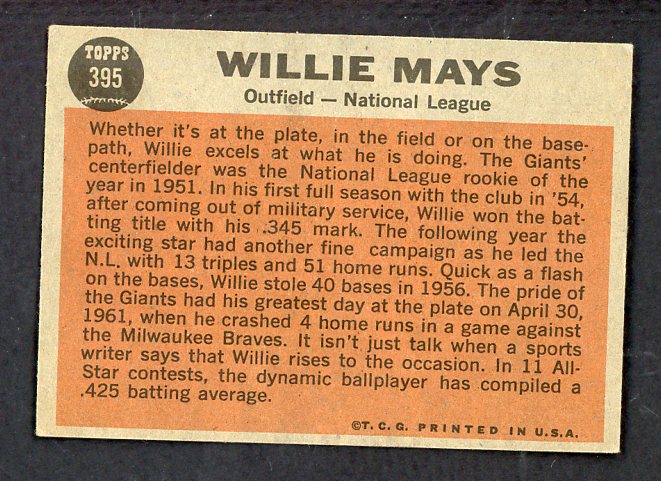 1962 Topps Baseball #395 Willie Mays A.S. Giants EX-MT 565479