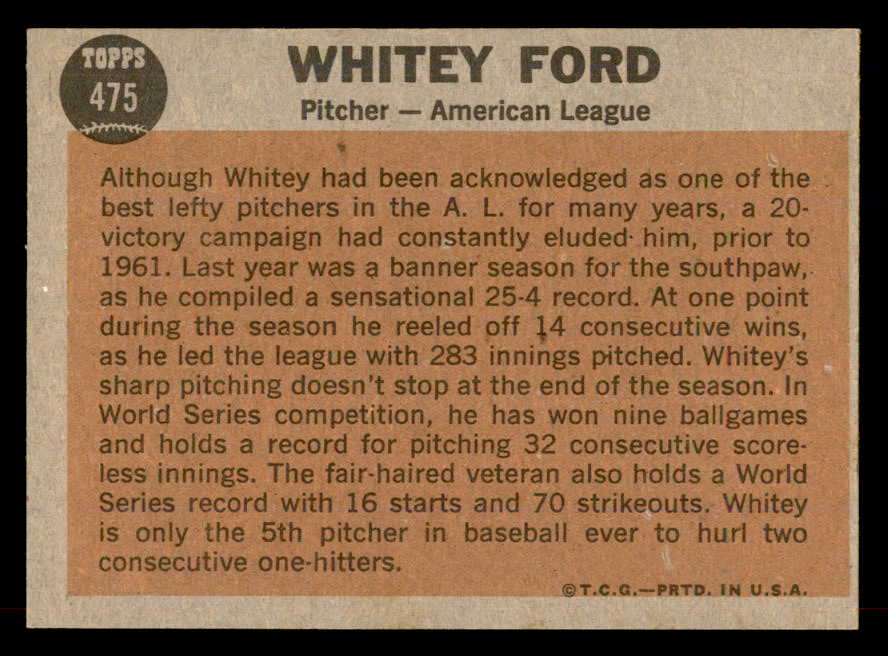 1962 Topps Baseball #475 Whitey Ford A.S. Yankees EX-MT 565487