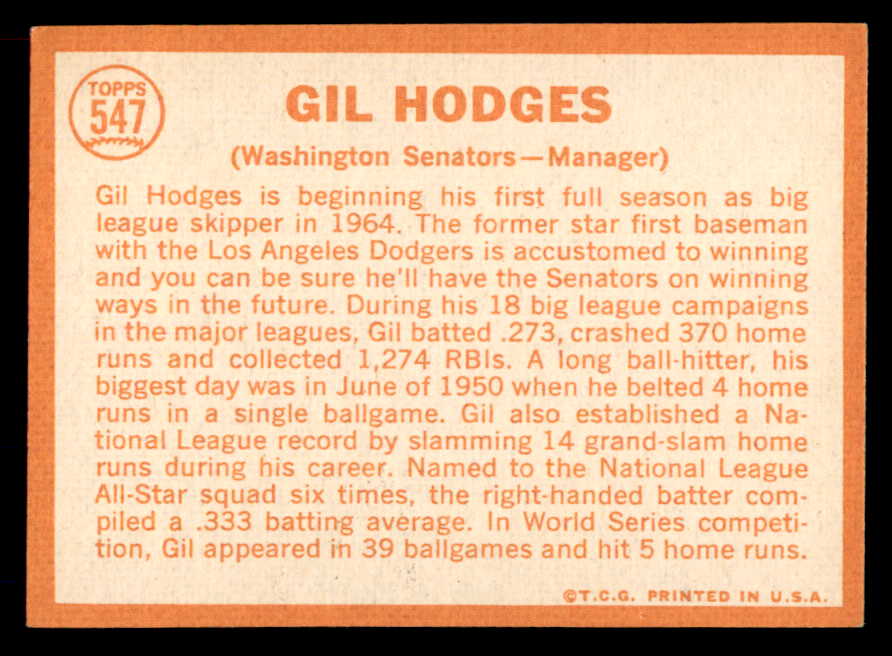 1964 Topps Baseball #547 Gil Hodges Senators NR-MT 565522