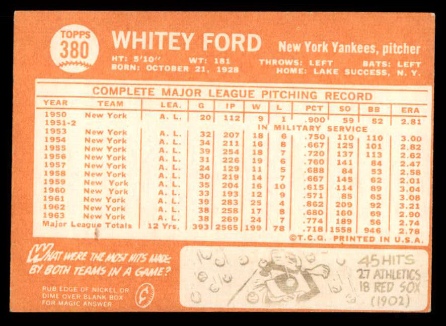 1964 Topps Baseball #380 Whitey Ford Yankees VG-EX 565524