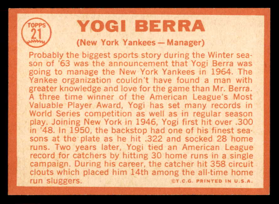 1964 Topps Baseball # 21 Yogi Berra Yankees NR-MT 565527
