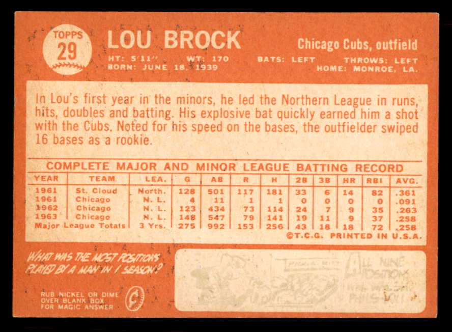 1964 Topps Baseball # 29 Lou Brock Cubs NR-MT 565528