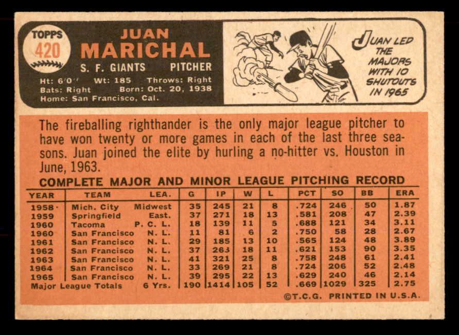 1966 Topps Baseball #420 Juan Marichal Giants EX-MT 565560