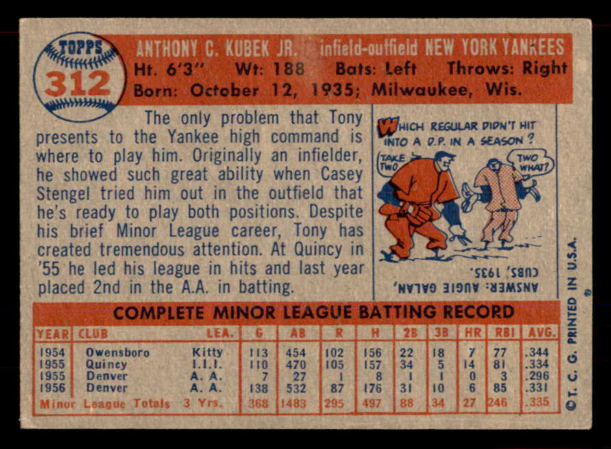 1957 Topps Baseball #312 Tony Kubek Yankees EX+/EX-MT 565610