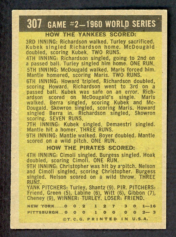 1961 Topps Baseball #307 World Series Game 2 Mickey Mantle EX-MT 565625