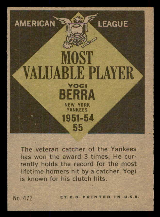 1961 Topps Baseball #472 Yogi Berra MVP Yankees EX-MT 565633