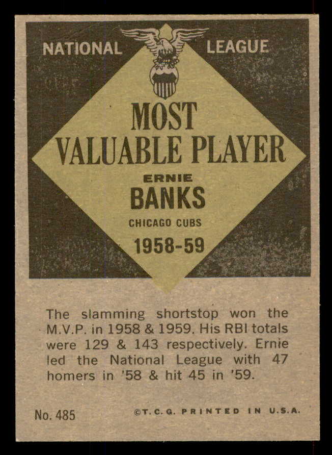 1961 Topps Baseball #485 Ernie Banks MVP Cubs EX-MT 565635