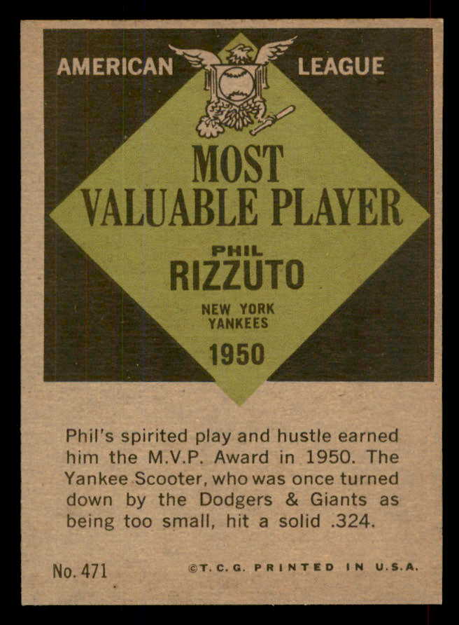 1961 Topps Baseball #471 Phil Rizzuto MVP Yankees EX-MT 565642
