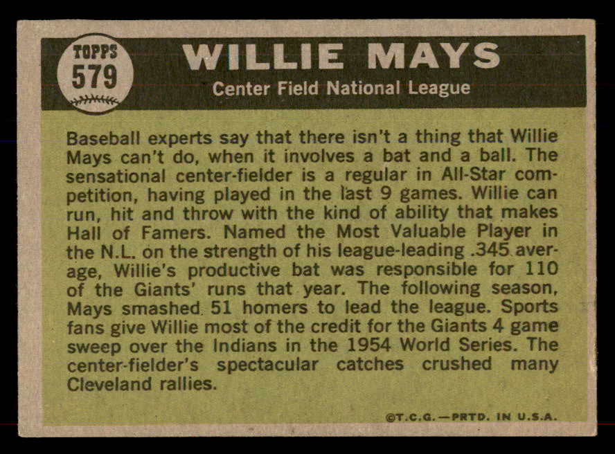 1961 Topps Baseball #579 Willie Mays A.S. Giants EX+/EX-MT 565645