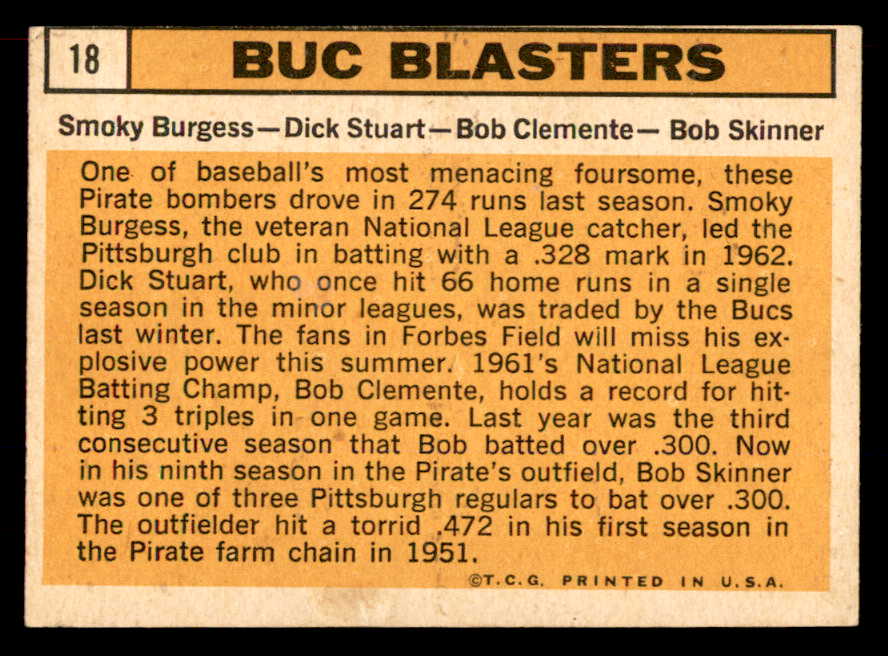 1963 Topps Baseball # 18 Roberto Clemente Smoky Burges EX+/EX-MT 565647