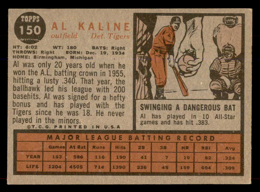 1962 Topps Baseball #150 Al Kaline Tigers EX-MT 565656