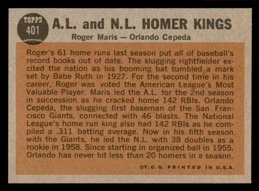 1962 Topps Baseball #401 Roger Maris Orlando Cepeda EX-MT 565659