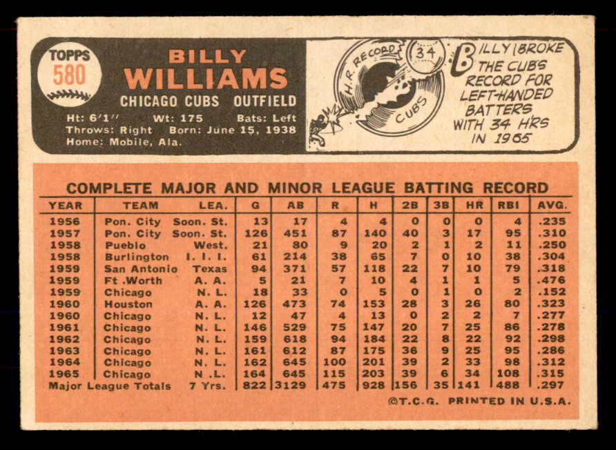 1966 Topps Baseball #580 Billy Williams Cubs EX+/EX-MT 565665
