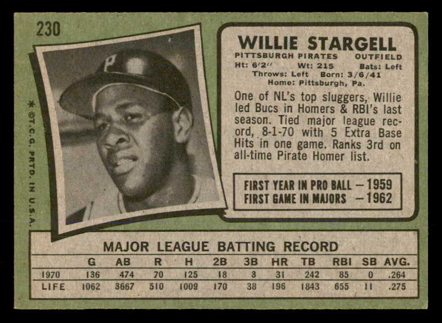 1971 Topps Baseball #230 Willie Stargell Pirates EX+/EX-MT 565709