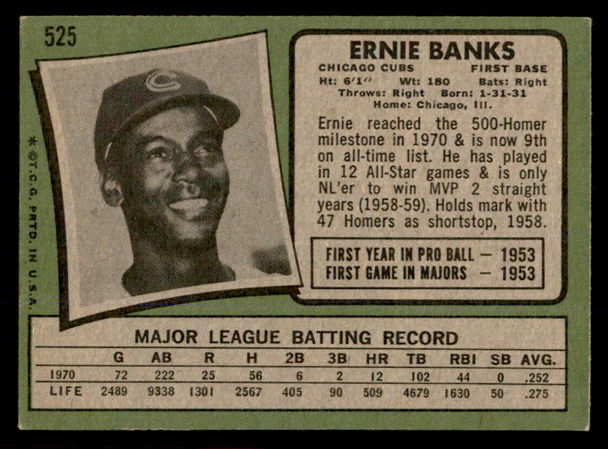 1971 Topps Baseball #525 Ernie Banks Cubs EX+/EX-MT 565714