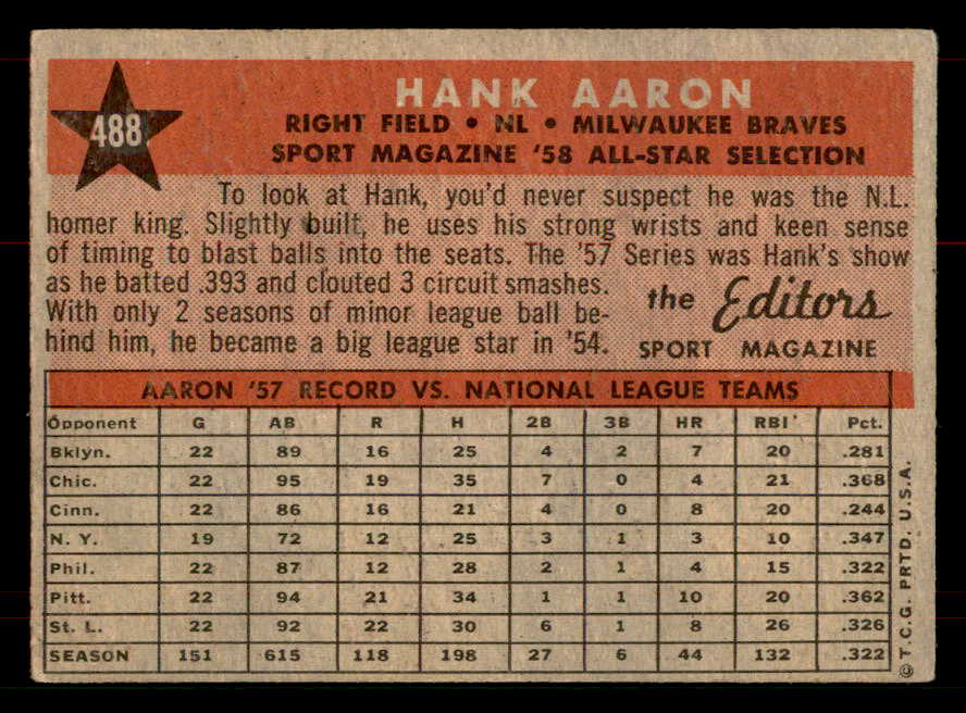 1958 Topps Baseball #488 Hank Aaron A.S. Braves VG-EX 565716