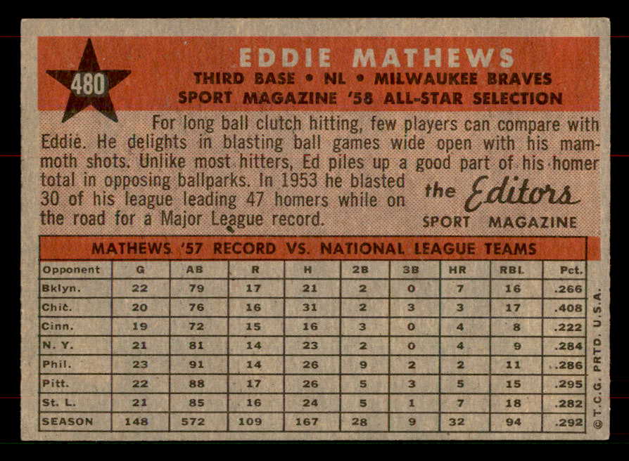 1958 Topps Baseball #480 Eddie Mathews A.S. Braves EX-MT 565721
