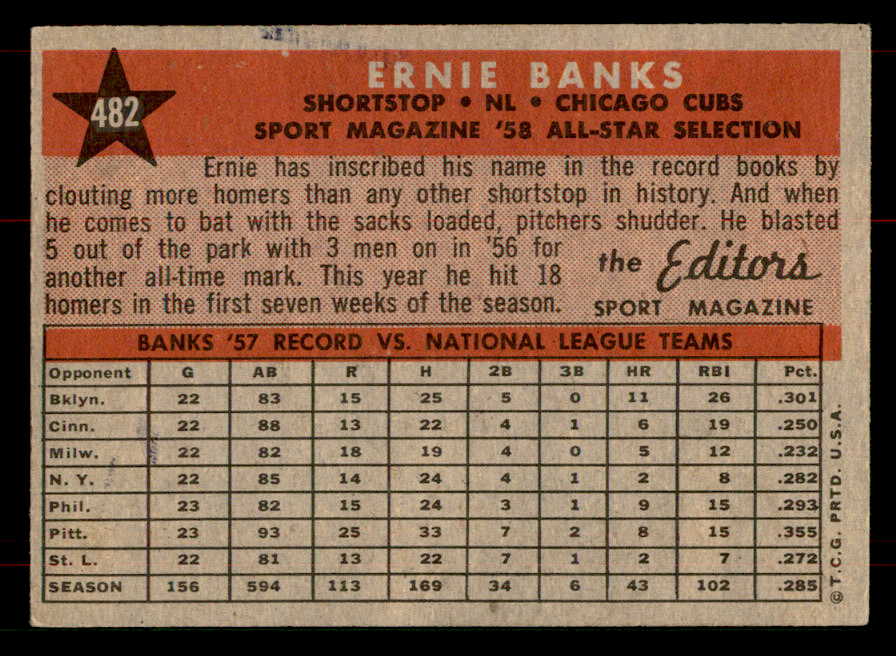 1958 Topps Baseball #482 Ernie Banks A.S. Cubs NR-MT 565722