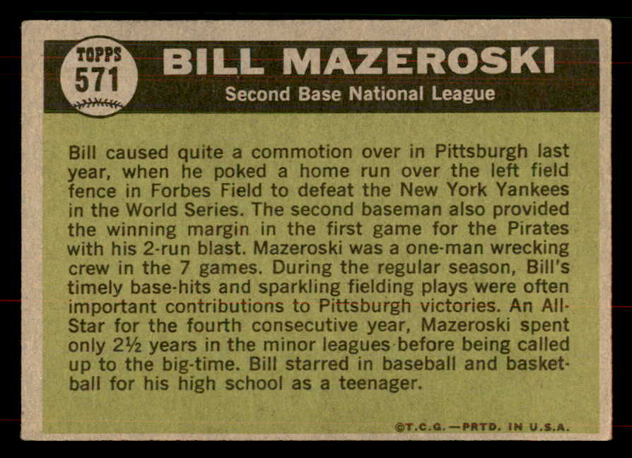1961 Topps Baseball #571 Bill Mazeroski A.S. Pirates EX-MT 565723
