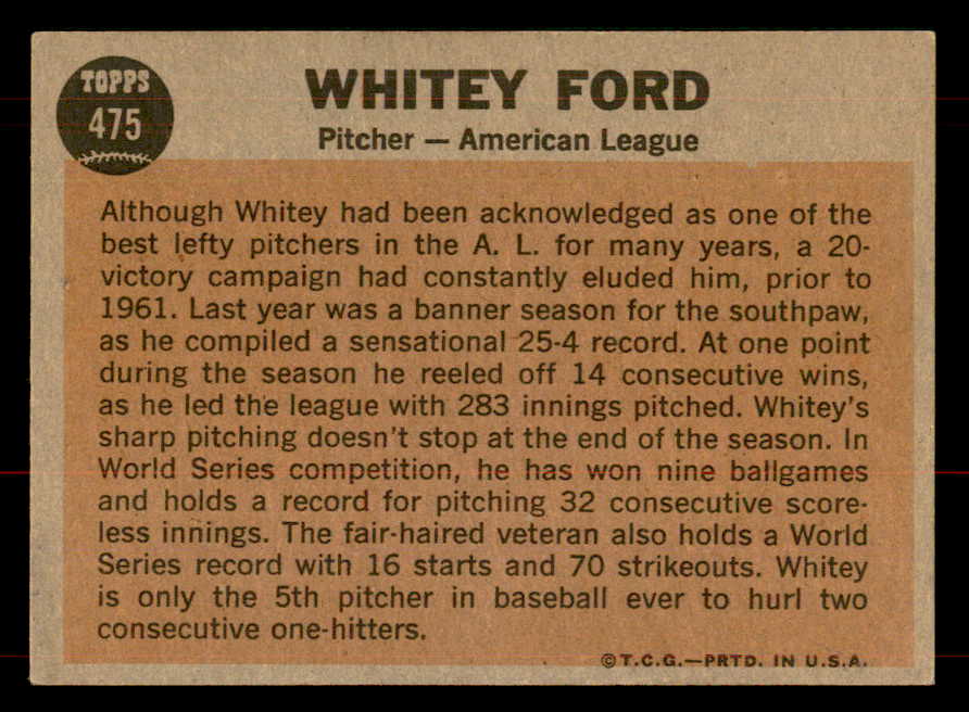 1962 Topps Baseball #475 Whitey Ford A.S. Yankees EX-MT 565731