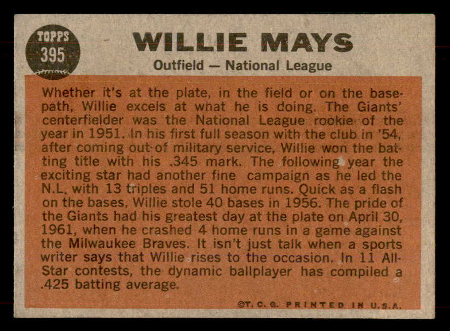 1962 Topps Baseball #395 Willie Mays A.S. Giants EX-MT 565733