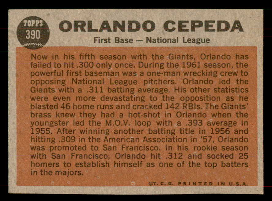 1962 Topps Baseball #390 Orlando Cepeda A.S. Giants NR-MT 565742