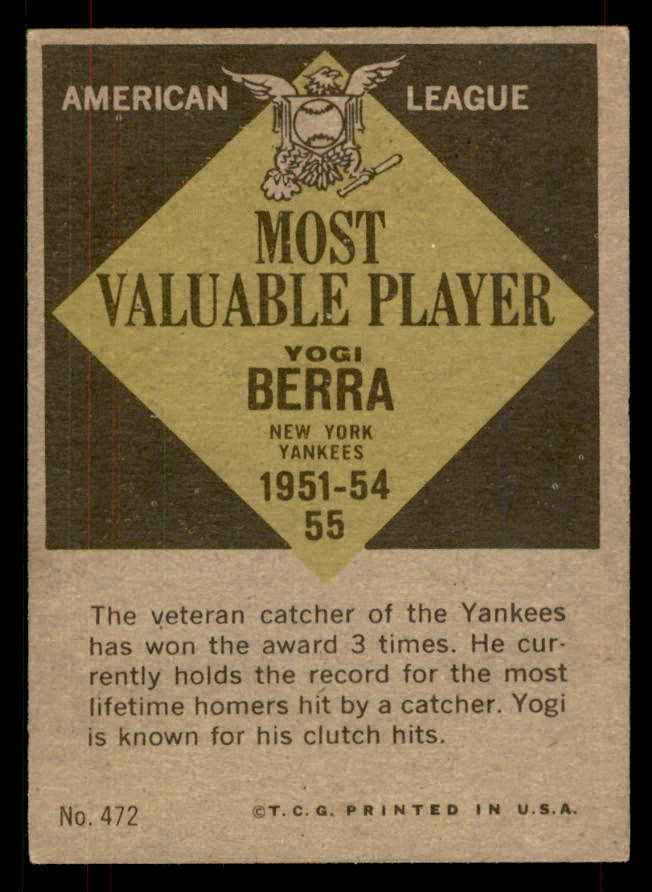 1961 Topps Baseball #472 Yogi Berra MVP Yankees EX-MT 565776