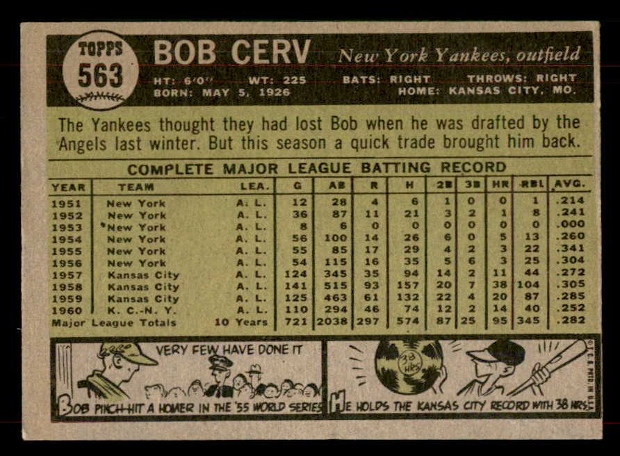 1961 Topps Baseball #563 Bob Cerv Yankees EX-MT 565803
