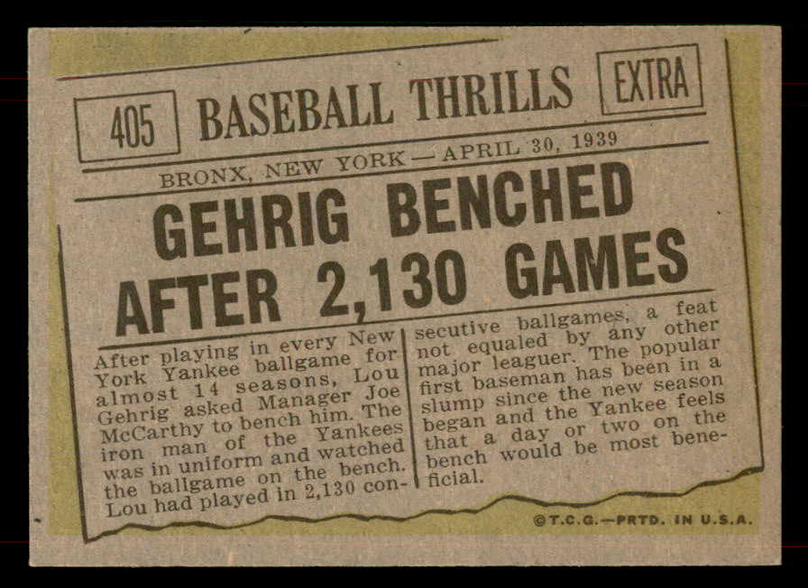 1961 Topps Baseball #405 Lou Gehrig Yankees EX-MT 565804