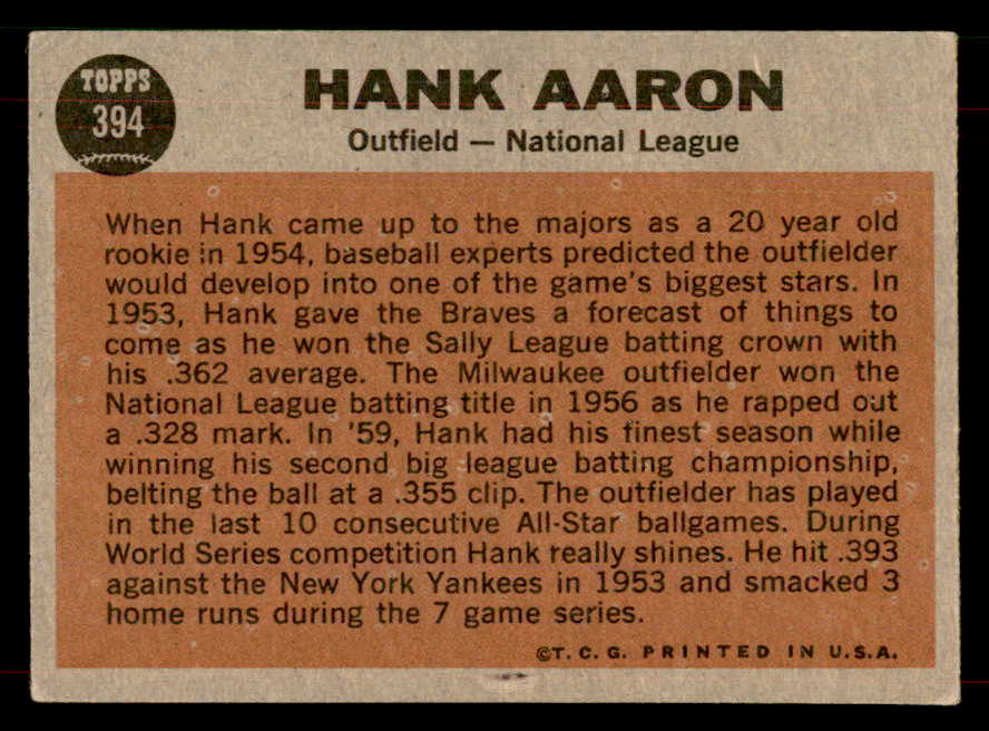 1962 Topps Baseball #394 Hank Aaron A.S. Braves EX 565848