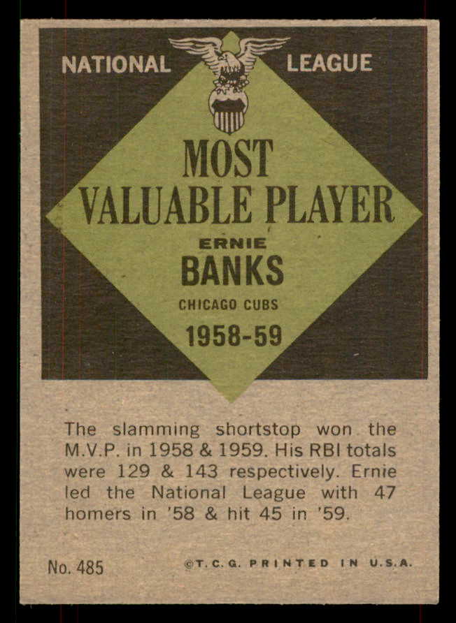 1961 Topps Baseball #485 Ernie Banks MVP Cubs VG 565887