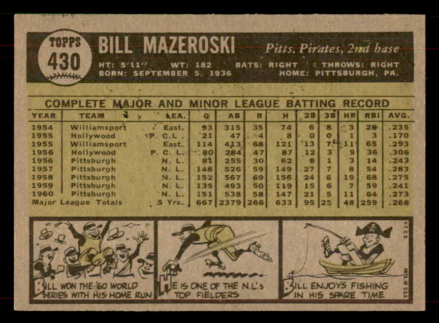 1961 Topps Baseball #430 Bill Mazeroski Pirates NR-MT 565895
