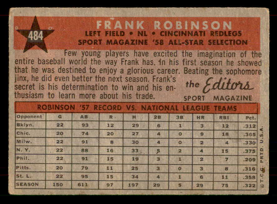 1958 Topps Baseball #484 Frank Robinson A.S. Reds VG 565911