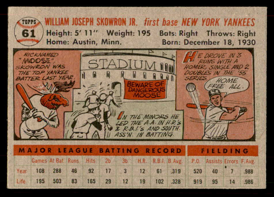 1956 Topps Baseball # 61 Bill Skowron Yankees EX-MT Gray 565940