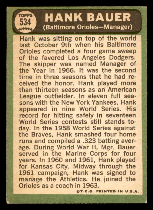 1967 Topps Baseball #534 Hank Bauer Orioles EX-MT 565951