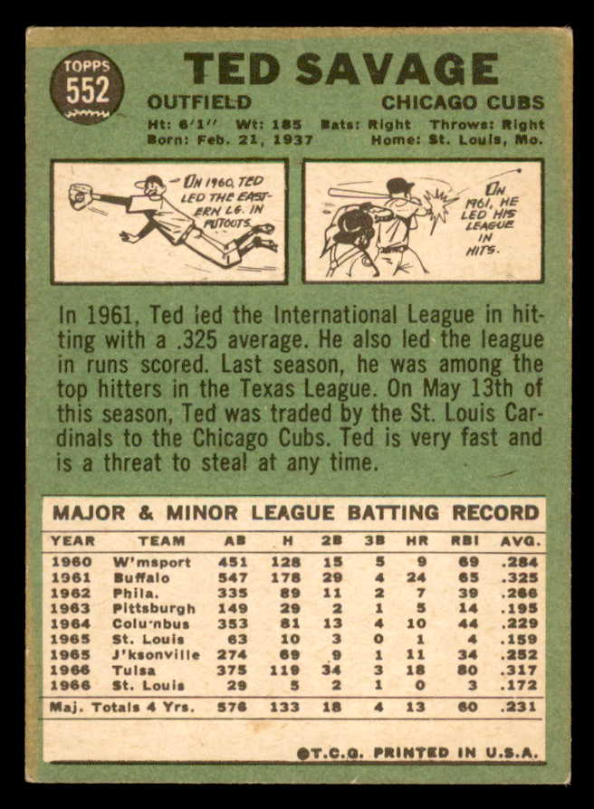 1967 Topps Baseball #552 Ted Savage Cubs VG-EX 566005