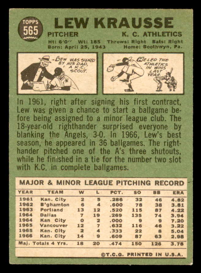 1967 Topps Baseball #565 Lew Krausse A's EX 566040