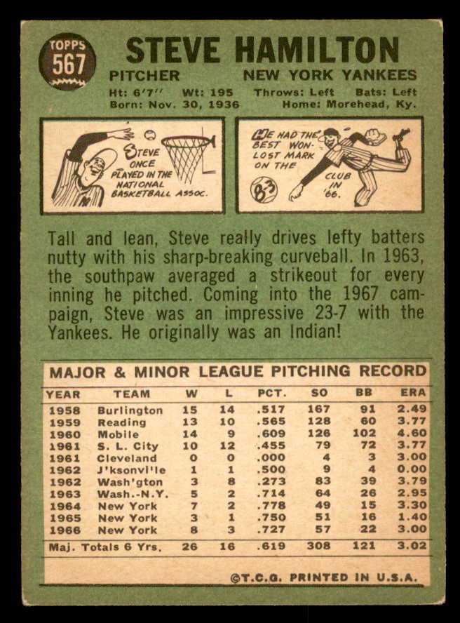 1967 Topps Baseball #567 Steve Hamilton Yankees EX 566046