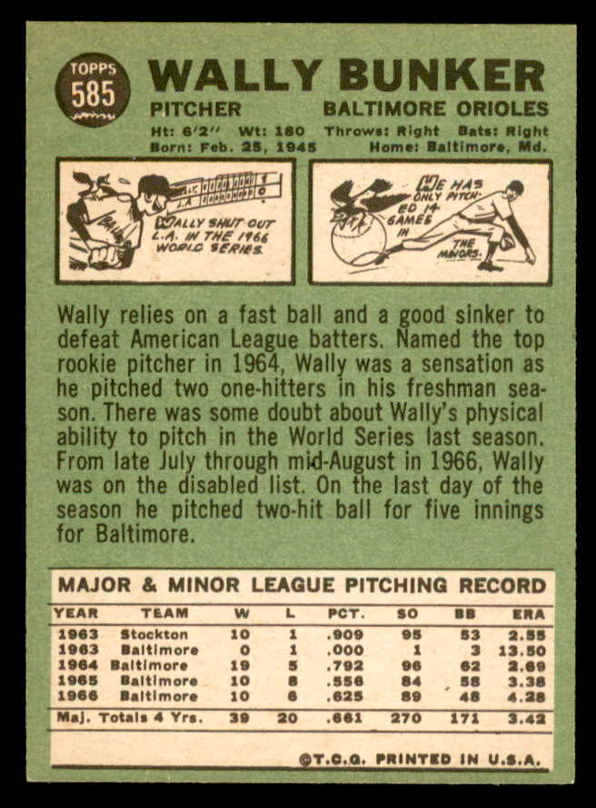 1967 Topps Baseball #585 Wally Bunker Orioles NR-MT 566088