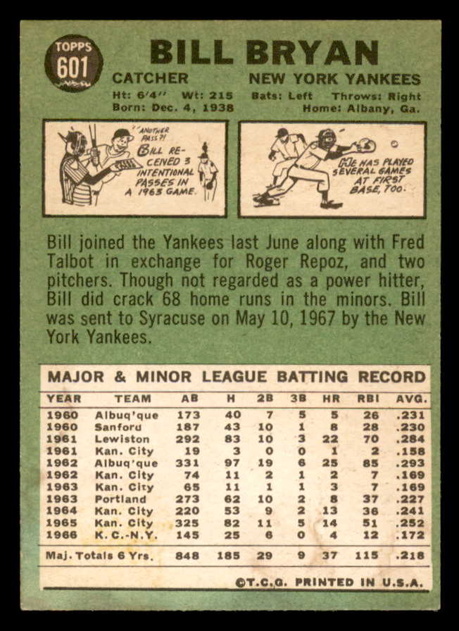 1967 Topps Baseball #601 Billy Bryan Yankees EX-MT 566134